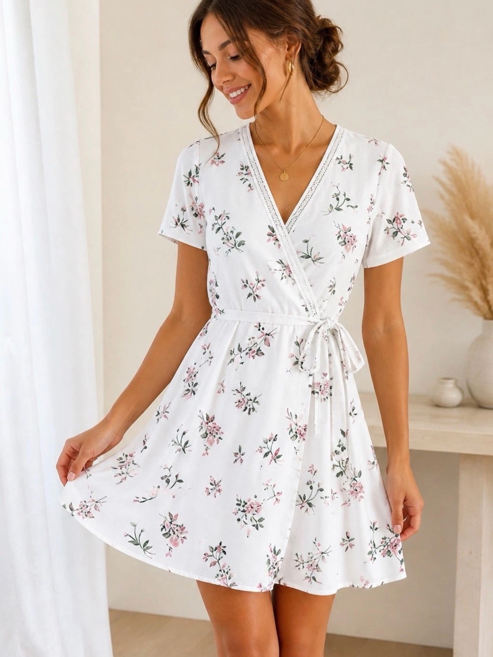 Floral Wrap Mini Dress - White Pink